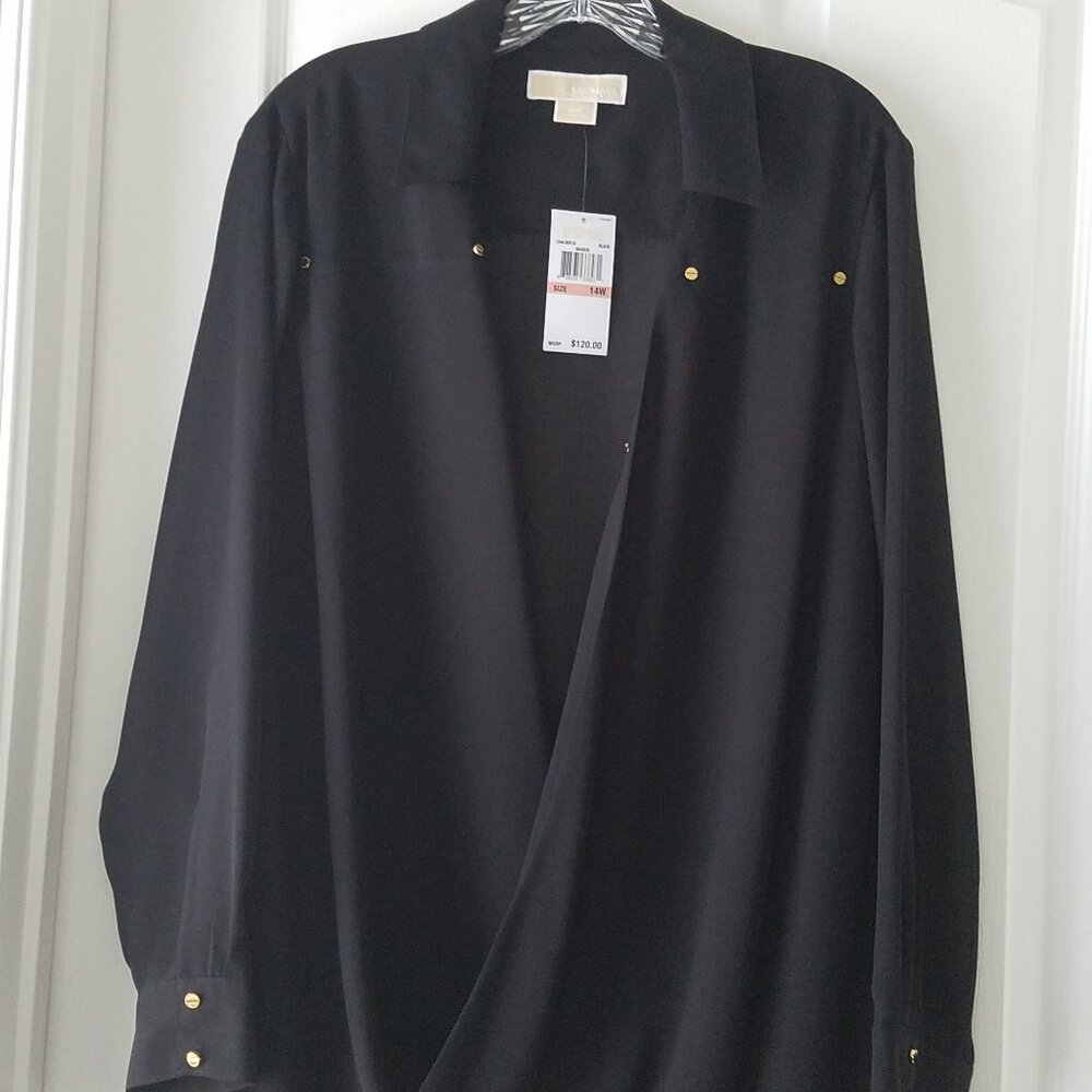 MICHAEL KORS Basics Women's Elegant Surplice Blouson Pullover Top Black Size 14W